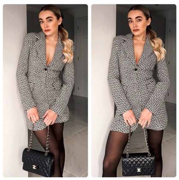 NWT Zara * Houndstooth Textured Tweed Blazer Dress Cut Out Size XS S - Picture 6 of 15